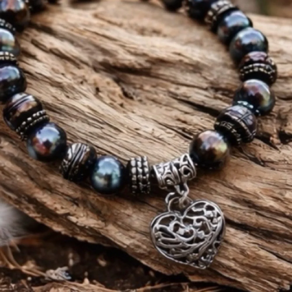 Vintage Freshwater Pearl Blue Black Bracelet Filigree Heart Boho Coastal